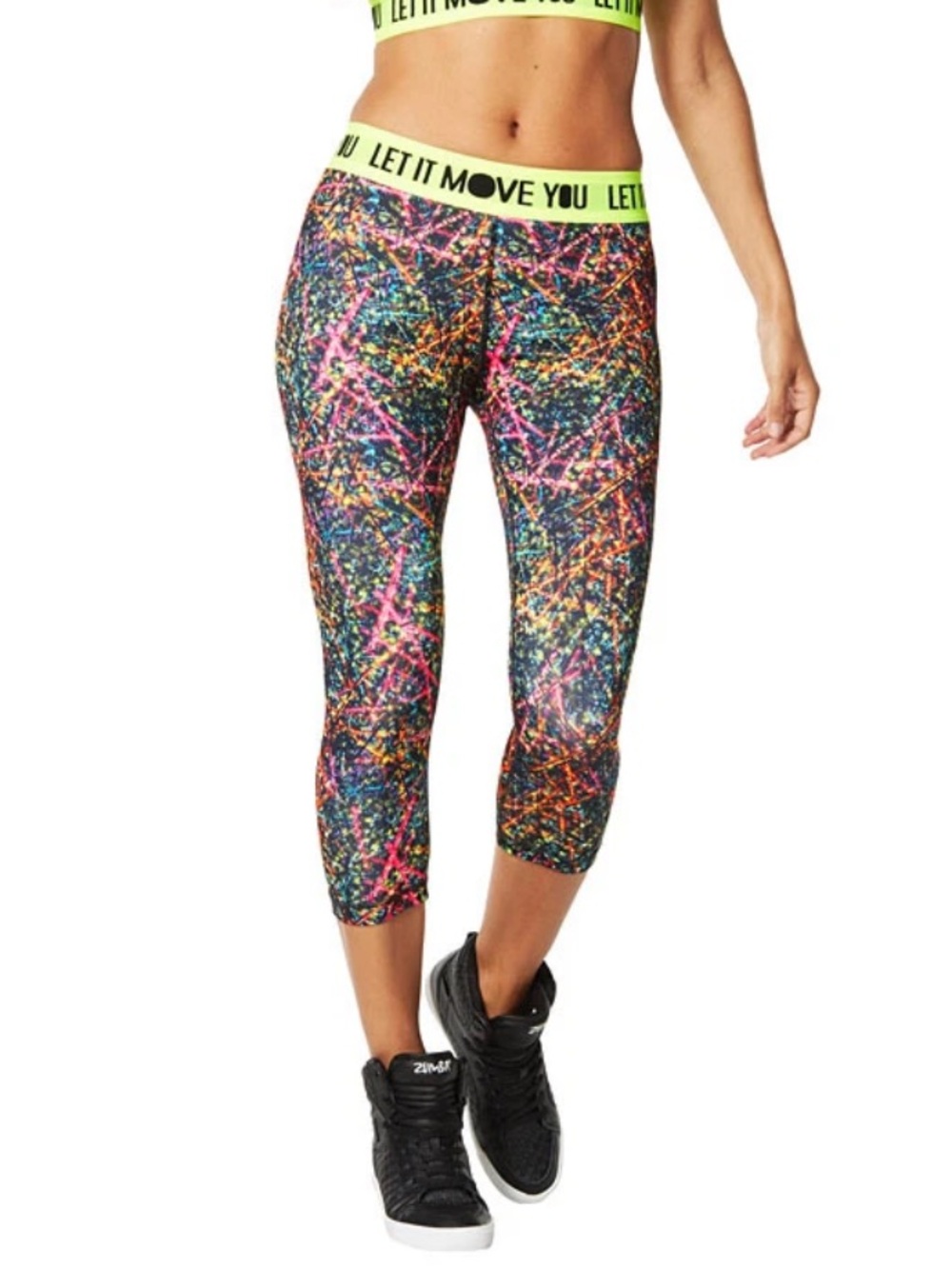 Zumba Sparks Fly "Caution" Capri Leggings  Compression Fabric Flatters & Smooths